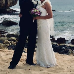 White long lace dress, one shoulder, David's Bridal